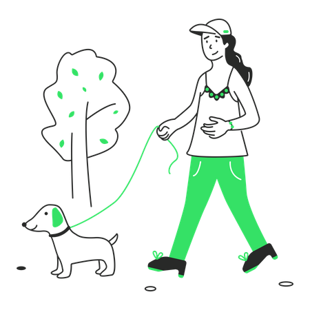 Femme promenant son chien dans le parc  Illustration