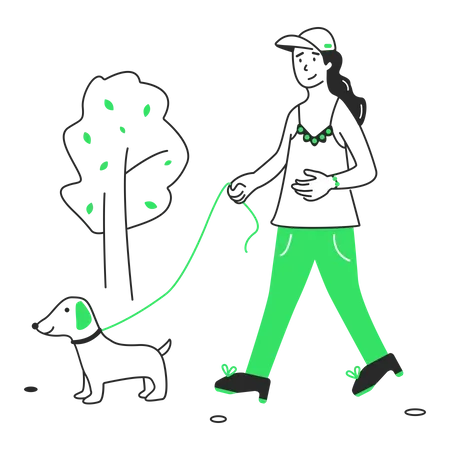 Femme promenant son chien dans le parc  Illustration