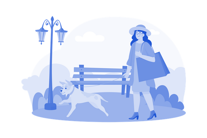 Une femme se promène avec son chien dans un parc  Illustration