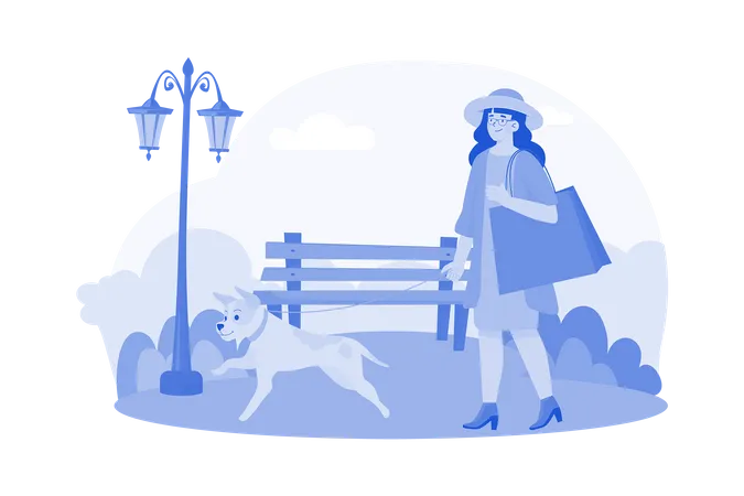 Une femme se promène avec son chien dans un parc  Illustration