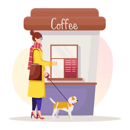 Une femme marche avec un chien, boit du café dans une tasse en papier et la jette à la poubelle  Illustration