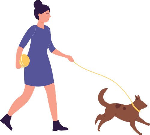 Femme qui marche, chien  Illustration