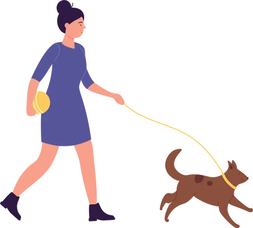 Femme qui marche, chien  Illustration