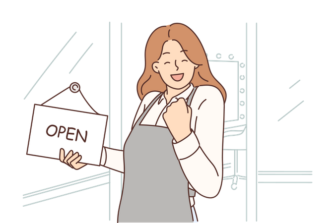 Propriétaire de magasin féminin mettant une pancarte ouverte  Illustration