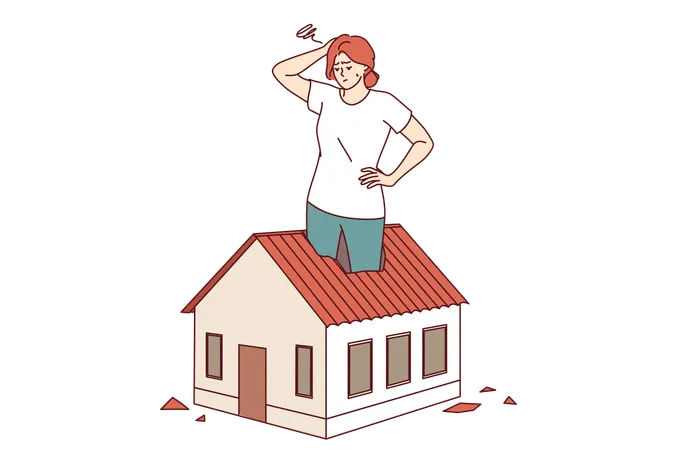 Une femme propriétaire souffre d'une petite zone de sa maison dans un cottage miniature et se gratte la tête  Illustration