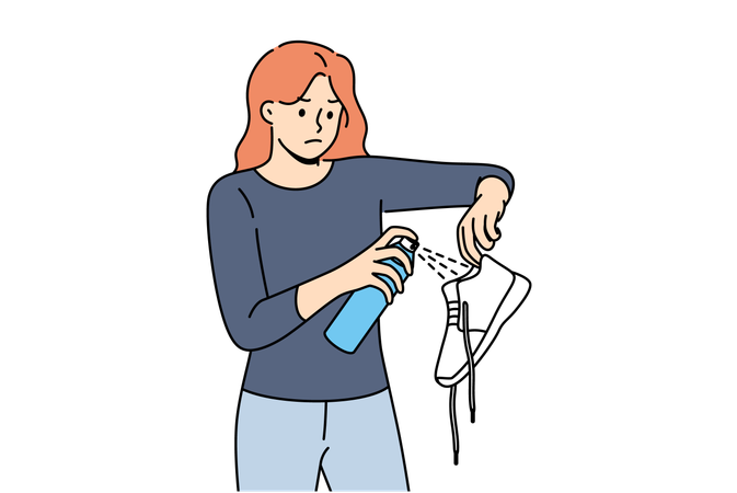 Femme pulvérisant un spray antibactérien sur ses chaussures  Illustration