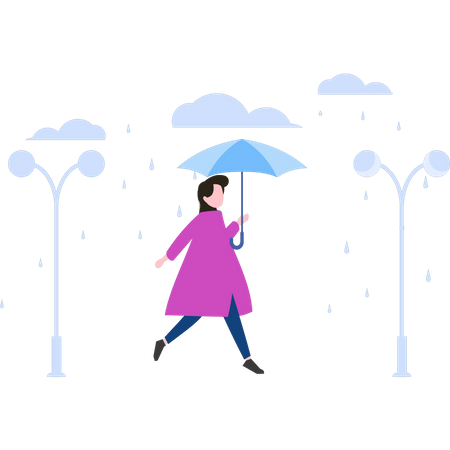 Femme qui court sous la pluie avec un parapluie  Illustration