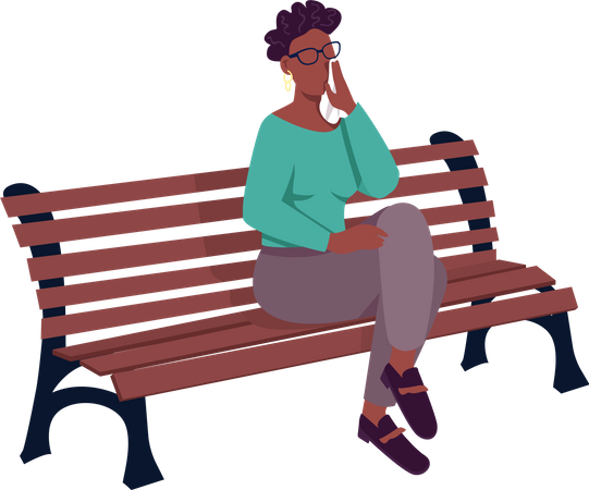 Femme qui pleure assise sur un banc  Illustration