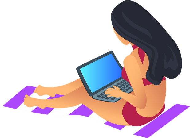 Femme qui travaille, portant un maillot de bain et assise sur un tapis  Illustration
