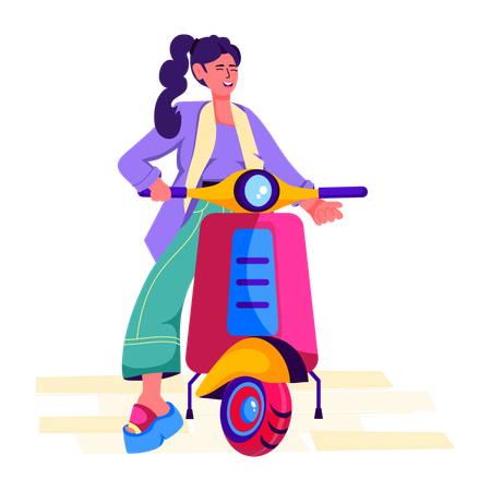 Une femme part en voyage en scooter  Illustration