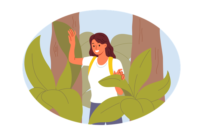 Femme randonnée en forêt  Illustration