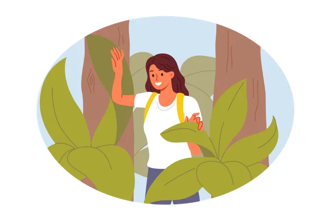 Femme randonnée en forêt  Illustration