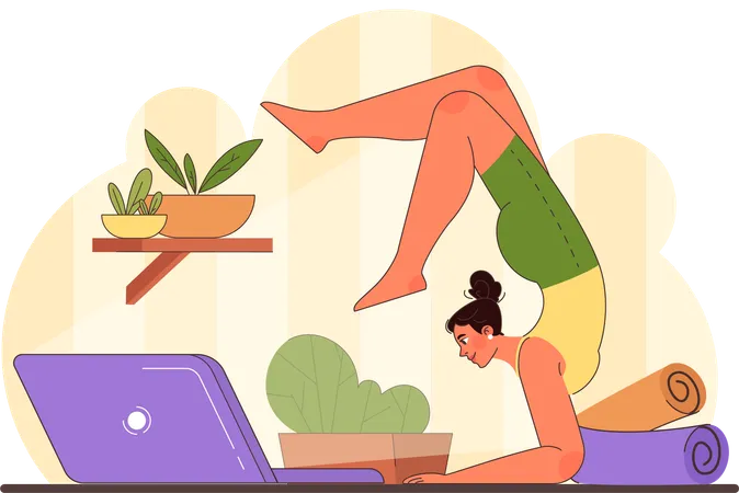 Une femme donne un cours de yoga en ligne  Illustration