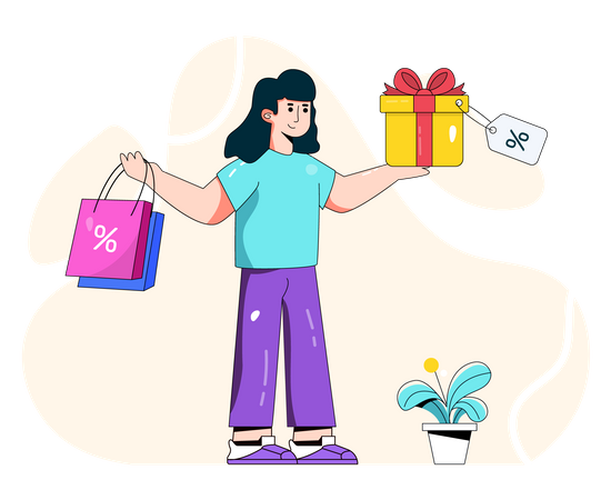 Femme recevant un cadeau à prix réduit pour faire du shopping  Illustration