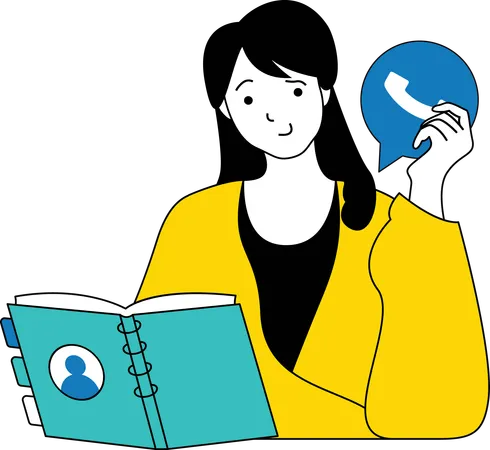 Femme recherchant un numéro de téléphone dans l'annuaire téléphonique  Illustration