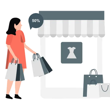 Femme regardant des achats en ligne  Illustration