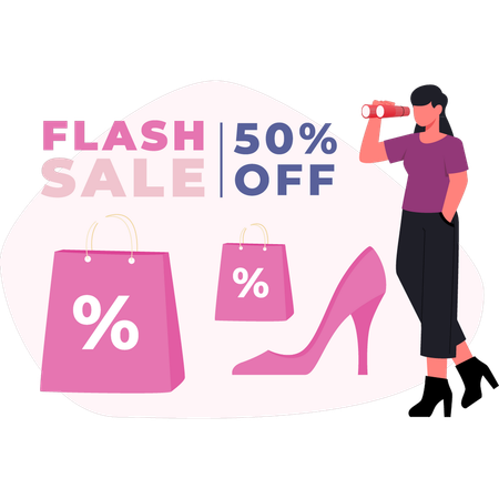 Femme regardant un flash 50% de réduction  Illustration