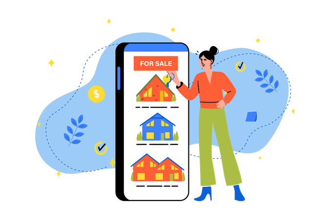 Femme cherchant une maison à vendre via une application mobile  Illustration