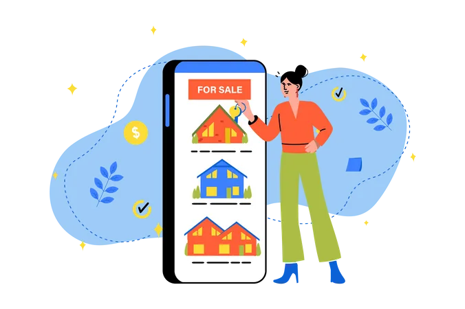 Femme cherchant une maison à vendre via une application mobile  Illustration