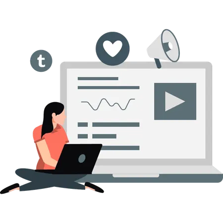 Femme à la recherche de marketing vidéo en ligne  Illustration