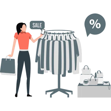 Femme regardant une offre de vente de shopping  Illustration