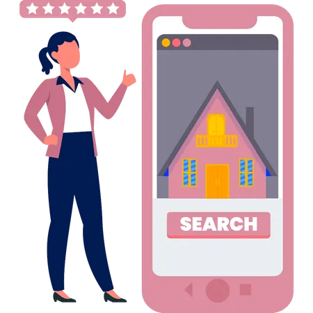 Une femme cherche une nouvelle maison en ligne  Illustration
