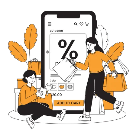 Femme à la recherche d'une réduction sur une application de commerce électronique  Illustration