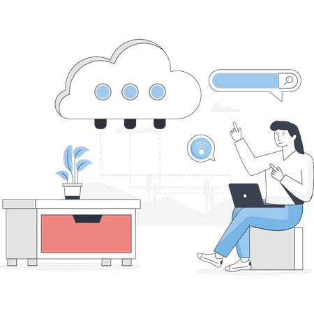 Une femme recherche une technologie de cloud computing  Illustration