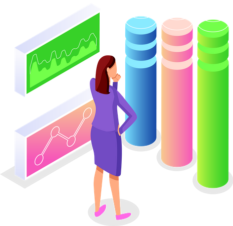 Femme réfléchie regardant des infographies visuelles  Illustration