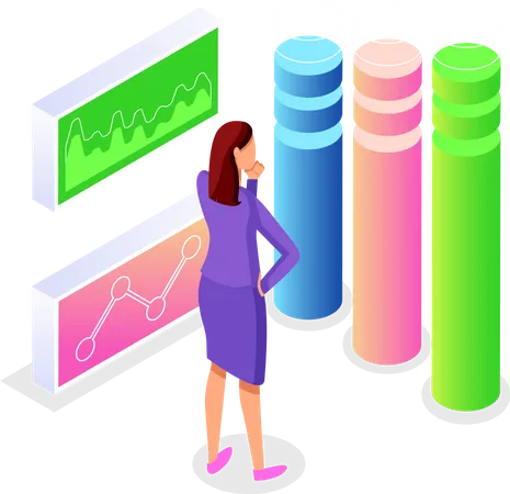 Femme réfléchie regardant des infographies visuelles  Illustration