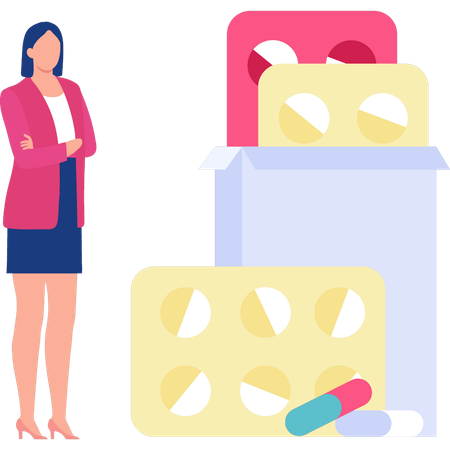 Femme regardant des comprimés de médicaments  Illustration