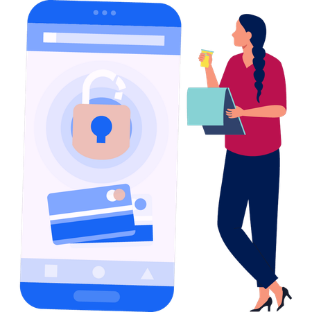 Femme regardant les données de crédit déverrouillées sur mobile  Illustration