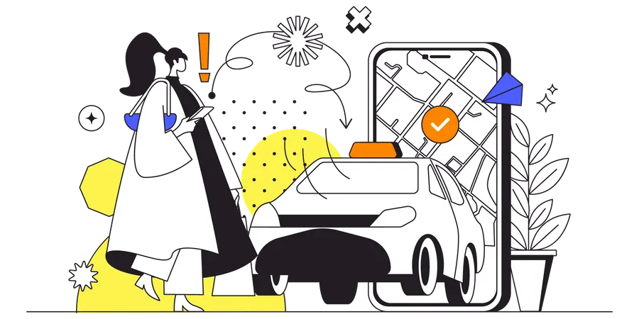 Femme regardant l'emplacement du taxi depuis l'application Taxi  Illustration