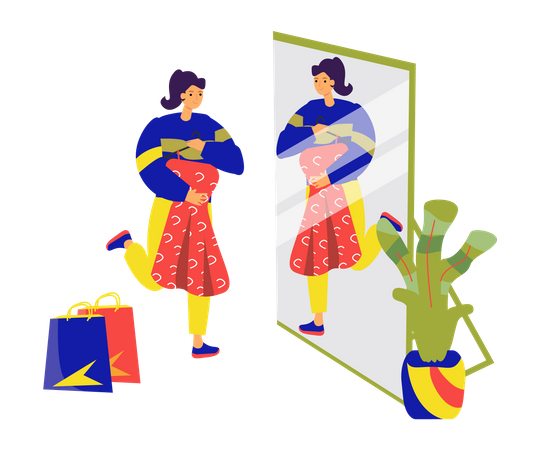 Femme regardant une robe dans un miroir  Illustration