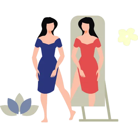 Femme regardant sa robe dans un miroir  Illustration