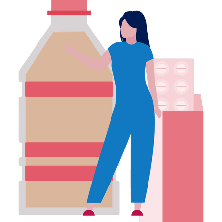 Femme regardant une bouteille de sirop  Illustration