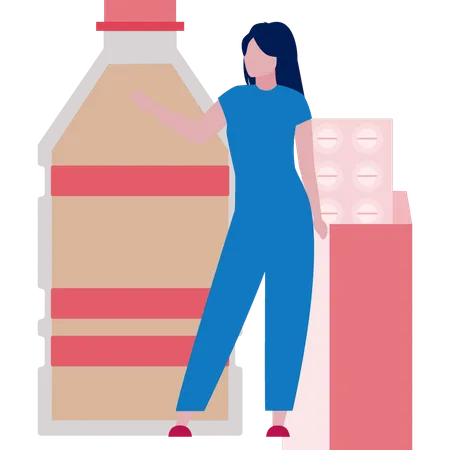 Femme regardant une bouteille de sirop  Illustration