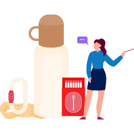 Femme regardant une bouteille thermos  Illustration