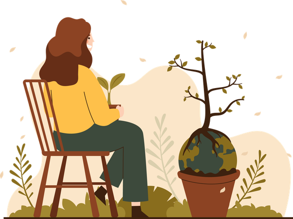 Femme regardant une plante en forme de Terre  Illustration