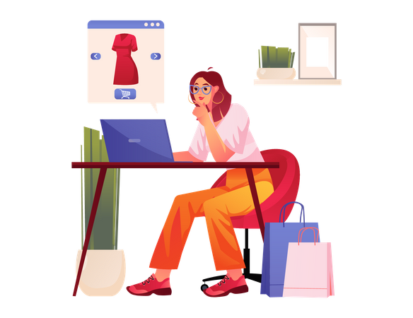 Femme regardant une robe sur un site de commerce électronique  Illustration