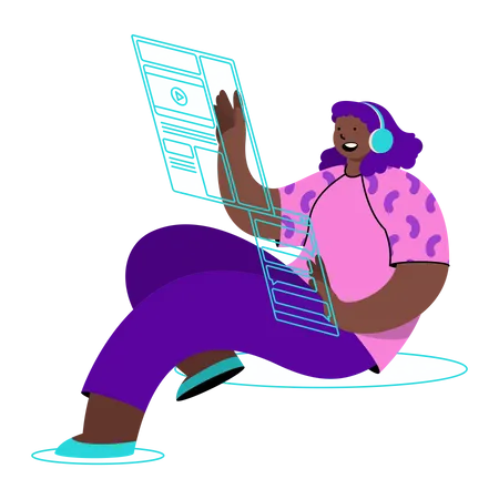 Femme regardant une vidéo sur des écrans virtuels  Illustration