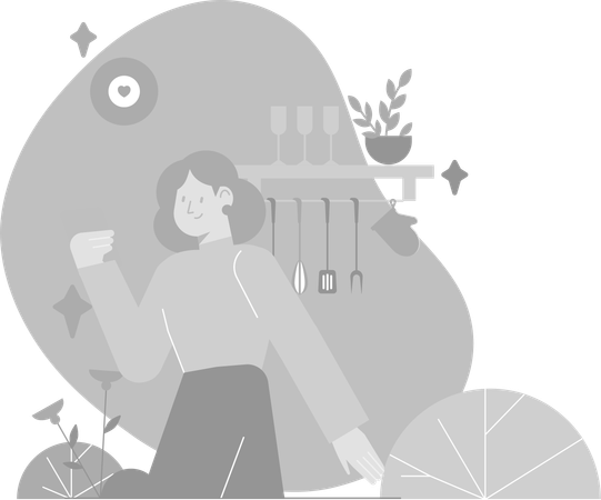 Une femme regarde des tutoriels pour Dish  Illustration