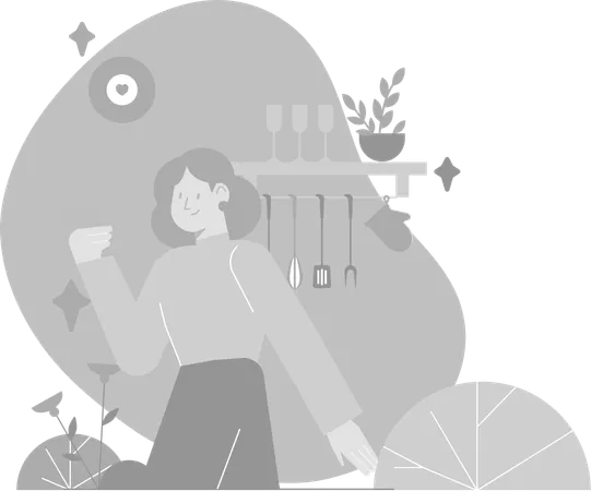 Une femme regarde des tutoriels pour Dish  Illustration