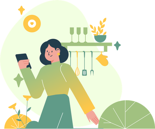 Une femme regarde des tutoriels pour Dish  Illustration