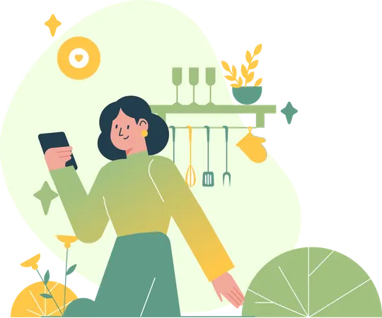 Une femme regarde des tutoriels pour Dish  Illustration