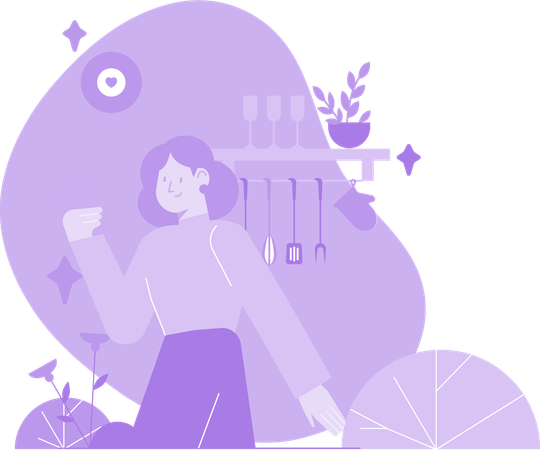 Une femme regarde des tutoriels pour Dish  Illustration