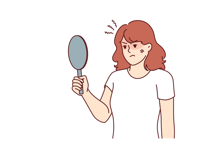 La femme regarde son visage triste dans le miroir  Illustration