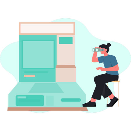 Une femme regarde un distributeur automatique de billets  Illustration