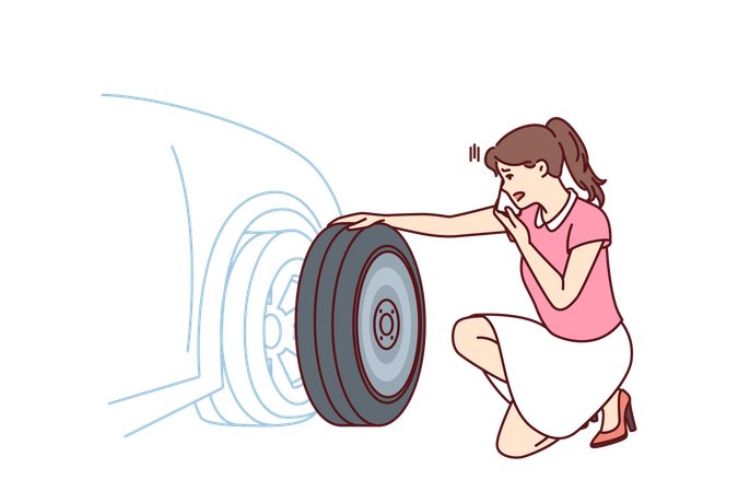 Une femme regarde un pneu de voiture crevé et essaie d'appeler à l'aide pour changer de pneu  Illustration