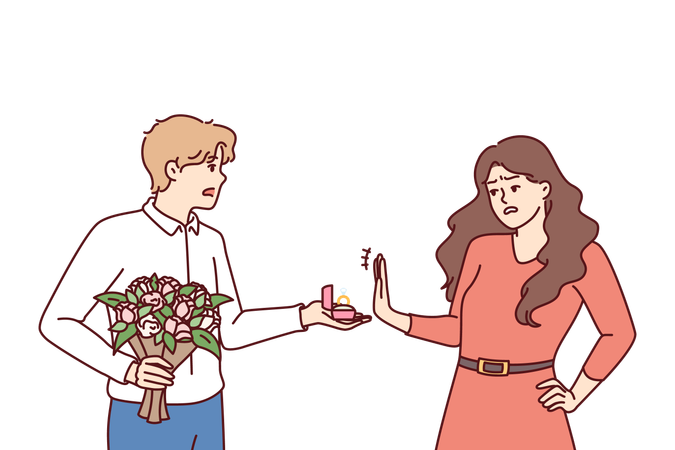 Une femme rejette la demande en mariage d'un homme tenant une bague de fiançailles et un bouquet de fleurs  Illustration
